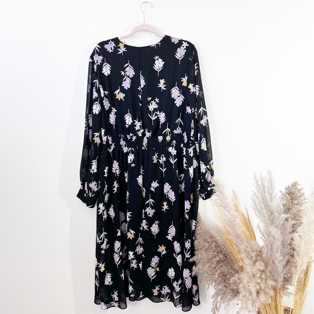 Lane bryant black floral midi dress w/ sheer balloon sleeves button front - Picture 2 of 5
